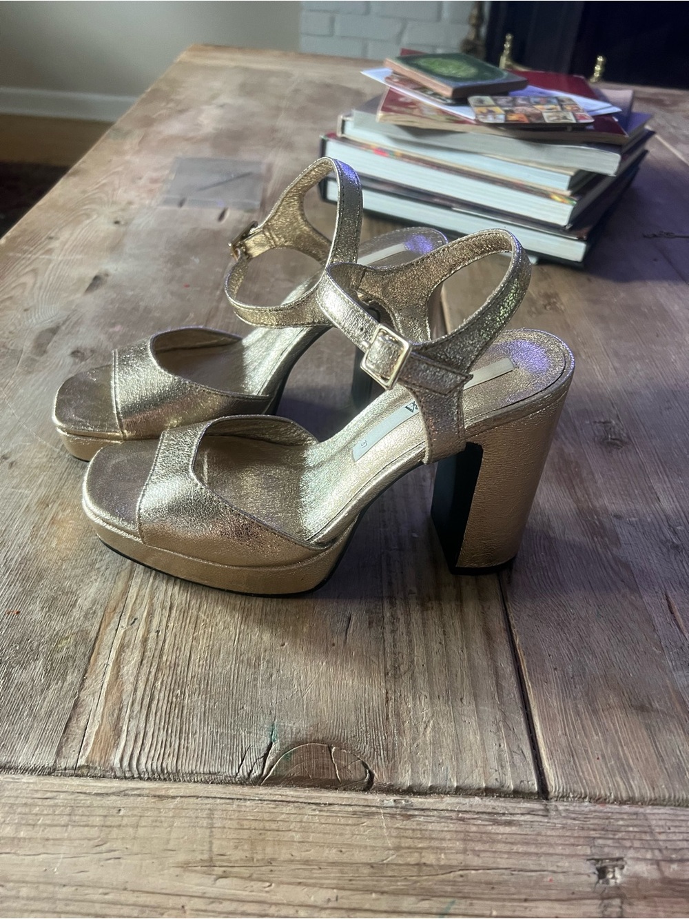 Zara Metallic Gold Platform Block Heel Sandals - Picture 4 of 10